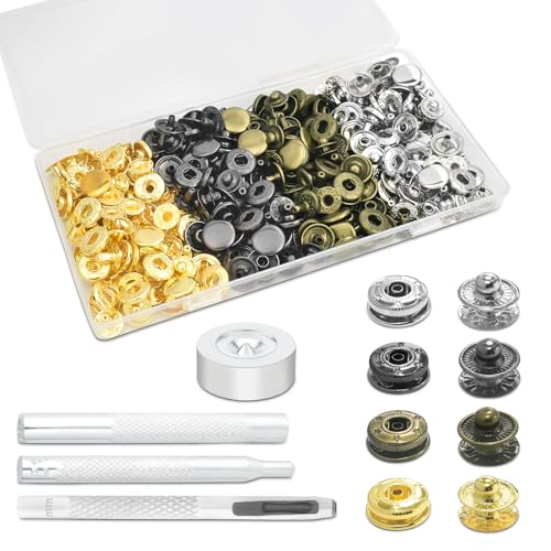 50Sets Snaps Button Kit, Leather Snaps Fasteners, Metal Button Press Studs with 4 Install Tools for...