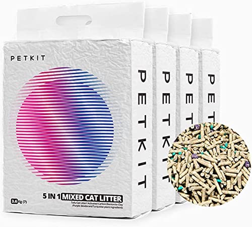PETKIT 5-in-1 Gemengd Kattenbakbakvulling, Afwasbaar, Geurvrij, Actieve Kool, Extreem Absorberend en Sneldrogend Tofu Kattenbakvulling (Vier Tassen)
