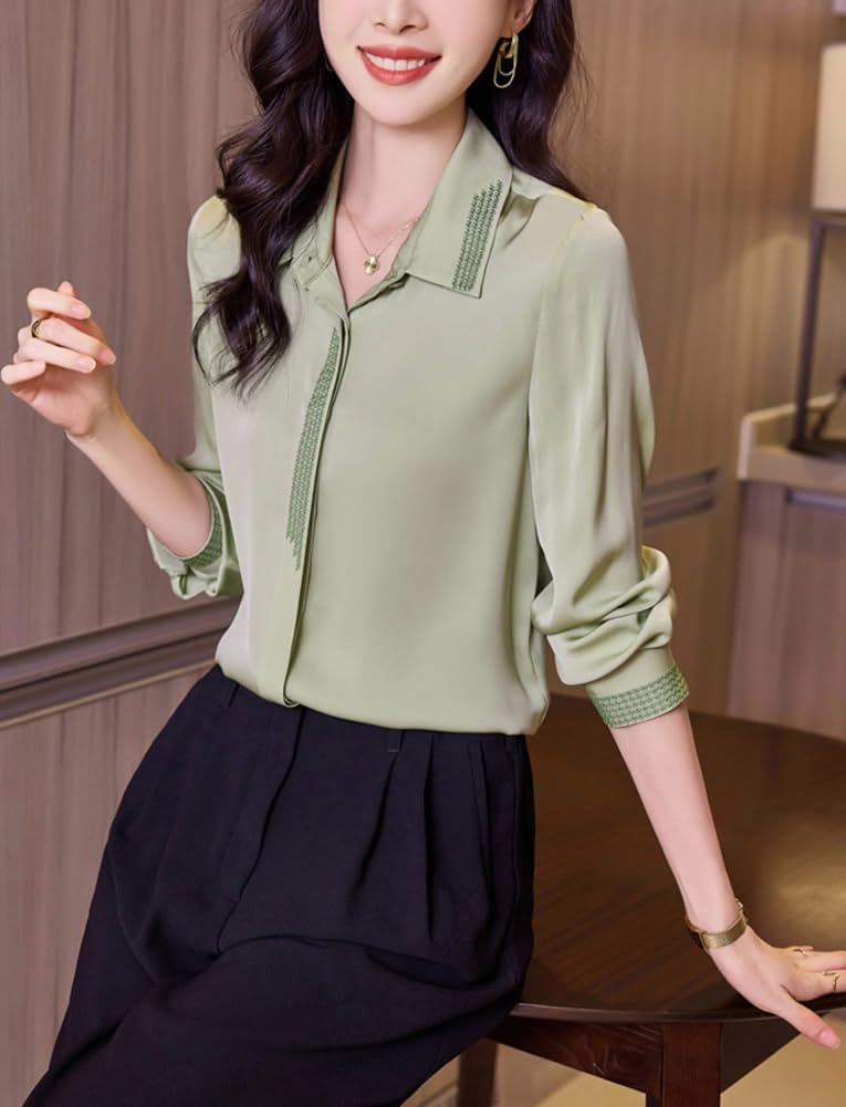 DISSA Chemise Soie Détails Dentelle Patte Cachée Manches Longues