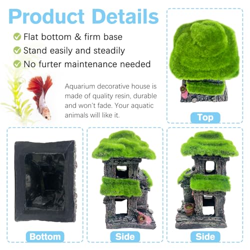 Image of Hamiledyi Fish Hideout House for Aquarium Decorations, Betta Cave with Lifelike Moss, Come with 2 PCS Artificial Plants, Fish Tank Decoration for Shrimp Fish Shelter