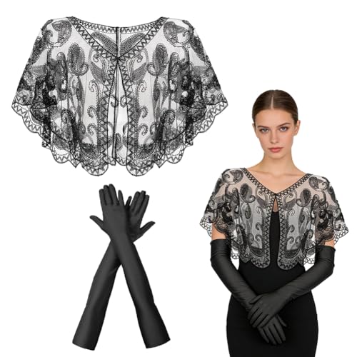 SYTTNUM 2-częściowy szal z lat 20. z cekinami i koralikami, peleryna vintage Art Deco, owija długie rękawiczki damskie, akcesoria dla kobiet na imprezę, ślub, bal, Black-2, rozmiar uniwersalny