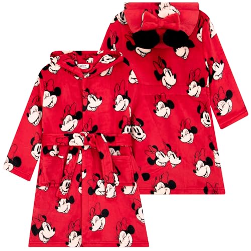 Disney Minnie Mouse Bademantel Kinder, Fleece Bademantel Mädchen Mit 3D Minnie Mouse Ohren, Morgenmantel Mädchen, Rot 98