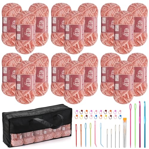 Image of LUNARM Chenille Yarn for Crochet Knitting Chunky Blanket Velvet Yarn | 18 Pack 100g /3.5oz Thick Soft Chenille Yarn for Beginners Knitting Fluffy Weaving Plush Scarves with Big Eye Needles