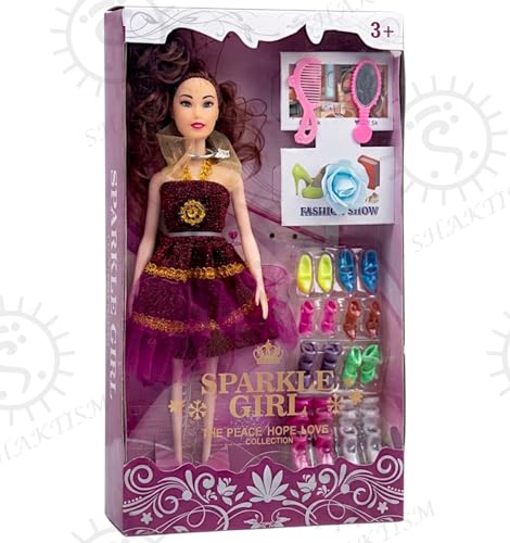 Image of SHAKTISM Doll Set for Girls with Makeup, Dress, Accessories, Comb and Mirror, Sandle Set Multicolor, 3 Years and Up (Sparkle Girl Doll)