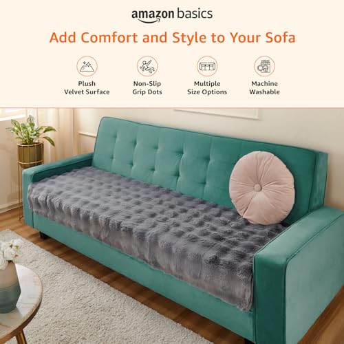 Image of Amazon Basics Plush Velvet Sofa Cover for 3 Seater, Bubble Surface, Non-Slip Sofa Pad, 70x180 cm, Soft Silicone Grip Dots, 100% Polyester, Machine Washable - Dark Grey