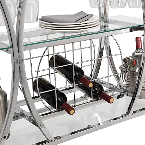 Lefhda Glass Silver Bar Cart With Wine Rack&Glass Holder, Mobile Kitchen Serving Cart With Wheels&Storage, Modern Kitchen Trolley With 3-Tier Shelves&Metal Frame #TOP5