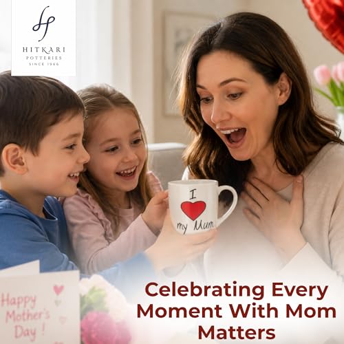 Image of Hitkari Potteries Mugs Set of 2 350ml | Coffee Cups & Mug for Women | Porcelain Coffee Mugs for Morning & Evening | Tea Mugs for Gift Birthday | Mug for Mom | I Love You Mum