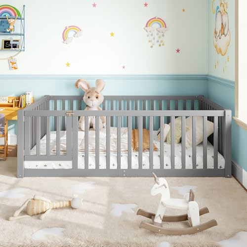 Image of Bellemave Twin Size Kids Montessori Floor Bed with Door,Solid Wood Floor Bed Frame with High Fence for Girls,Boys,Gray