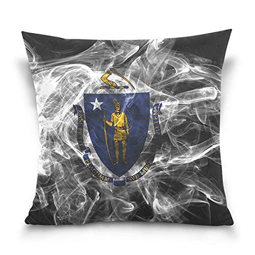 Poeticcity Housse de coussin en velours de coton doux et respirant, motif drapeau du Massachusetts, housse de coussin double face pour voiture, canapé, lit 40,6 x 40,6 cm