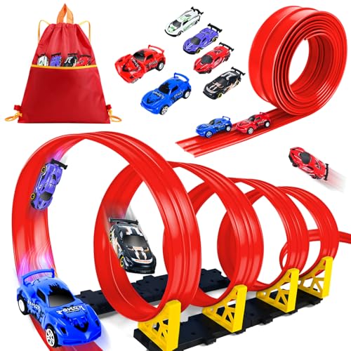 HERMORRYSS Pista Coches para Niños, Pista de Carreras Enrollable Flexible con 6 Vehículos y Rampa, 5 Metros Circuito Coches Juguete, Blue Track Classic Pista Flexible, Niño Niñas Regalo 3+ Años (Rojo)