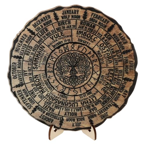 STOBOK Wheel Of The Year Wood Sign Tree of Life Wooden Calendar Sabbats Pagan Witches Runes Wood Engraved Board Halloween Witch Sign Desk Decor