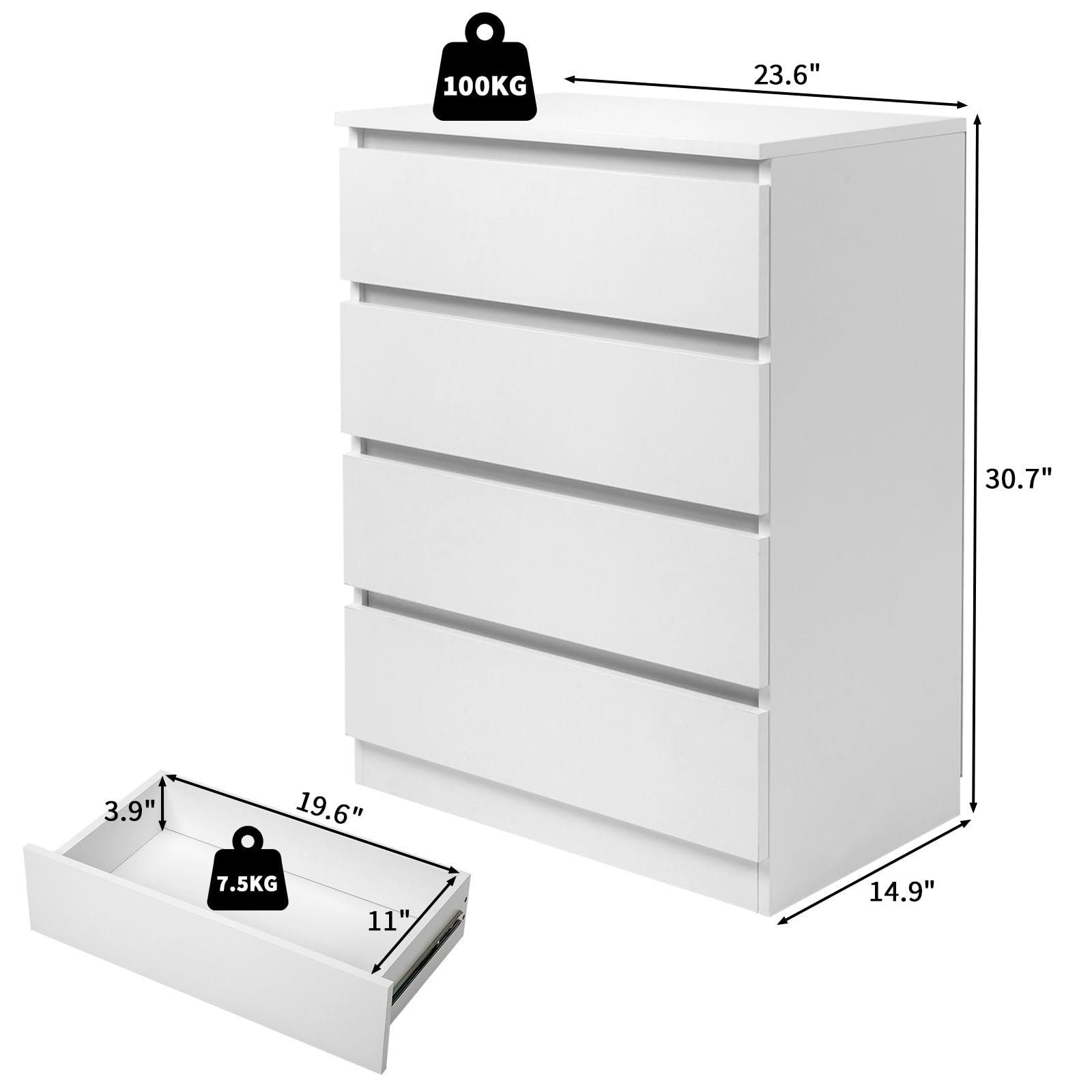 Bonnlo Kommode Weiß mit 4 Schubladen – Moderner, Stabiler Schubladenschrank, Sideboard, Nachttisch mit viel Stauraum aus P2-Holz, 60 x 38 x 78 cm, für Wohnzimmer, Schlafzimmer, Flur oder Büro
