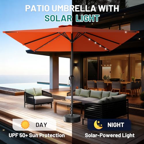 Image of AreShark 8' X 10' Rectangular Patio Umbrella with Solar Lights, Lighted Solar Umbrella with Crank, Outdoor Table Umbrella for Garden, Deck, Backyard, Pool and Beach, Orange