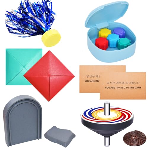 Korean Games Set Squid Toys - Weighted Gonggi Ddakji Spinning Top Flying Stones Jegi - Authentic Traditional Folk Toy Gift