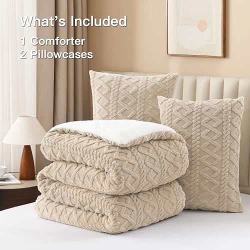 Image of Andency Fluffy Sherpa Queen Comforter Set, Super Soft Beige Fleece Warm Bedding for Winter, Luxury Jacquard Boho Thick Fuzzy Plush Bed Set 3 Pieces(1 Shaggy Comforter, 2 Pillowcases)
