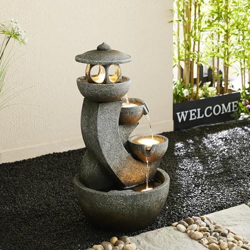 Image of Glitzhome Pagoda Outdoor Water Fountain with LED Light, 4-Tier Oversized Cascading Stacked Stone Waterfall Fountains, Natural Stone Look Outdoor Fountain for Garden Patio Porch, 32 inchH