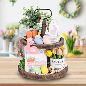 Mustry Rustic Wooden 2 Tiered Tray, Round Farmhouse Kitchen Table Decor Serving Tier Tray, Food Fruits Cupcake Display Coffee Bar Home Party Seasonal Decorations (Brown) Mustry Rustic Wooden 2 Tiered Tray Round Farmhouse Kitchen Table Decor Serving Tier Tray Food Fruits Cupcake Display Coffee Bar Home Party Seasonal Decorations Brown