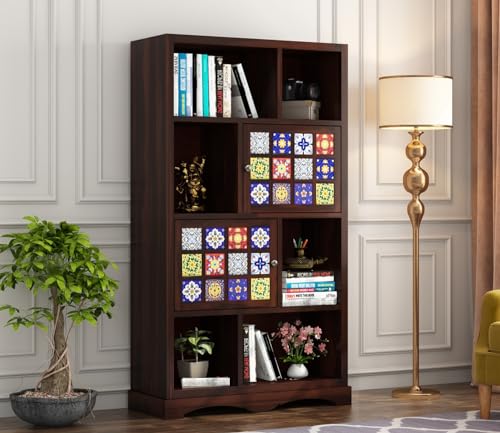 Image of Sheesham Wood Bookcase | Solid Wood Book Shelf for Home Library | Wooden Book Cabinet for Home & Office Living Room (Large, BBslf-Walnut5)