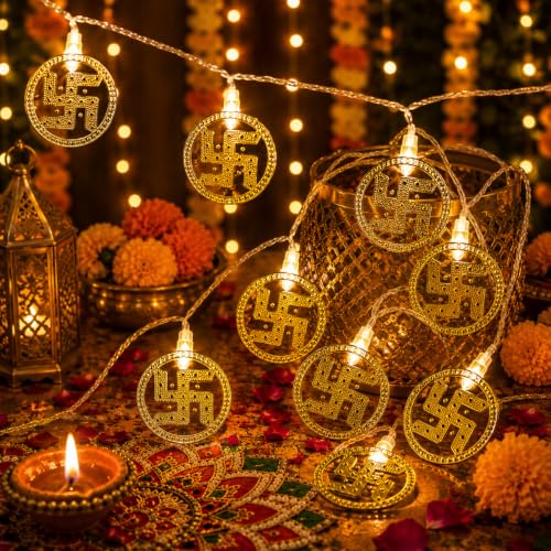Image of MoonlitDreams 10 Swastik LED String Lights, 3 Meter Golden Metallic Decorative Lights for Diwali Decoration, Home, Mandir & Pooja Room, Festive Ambient Lighting (Plug-in)