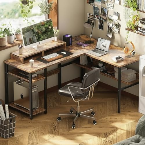 Image of TEKAVO Daino L Shaped Computer Table with CPU Storage | Corner Office Work Desk with bottm Shelf | Office Table for Work | Brown Color
