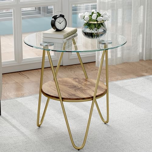 ASYA-Glass-Side-Table-for-Living-Room-2-Tier-Gold-End-Table-with-Tempered-Glass-Metal-Frame-Roud-Nightstand-for-Bedroom-Wood-Grain