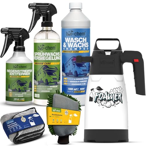bio-chem Caravan Versiegelung PROFI-SET 6-tlg. – Wasch & Wachs, Regenstreifen-Entferner, Sprühwachs-Versiegelung + Zubehör – Wohnmobil & Wohnwagen Pflege-Set für langanhaltenden Glanz & Schutz