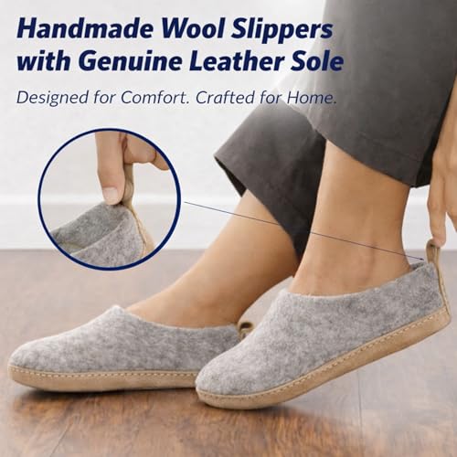 Image of Wool Slippers for Women & Men - Handmade Felted Wool Indoor House Shoes with Genuine Leather Sole, Closed Back Slip-On, Warm Breathable Felt Slippers for Cold Floors