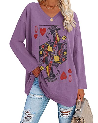 Womens Oversized Long Sleeve Queen Of Hearts Graphic T Shirts V Neck Casual Loose Fit Tees Tunic Tops Purple