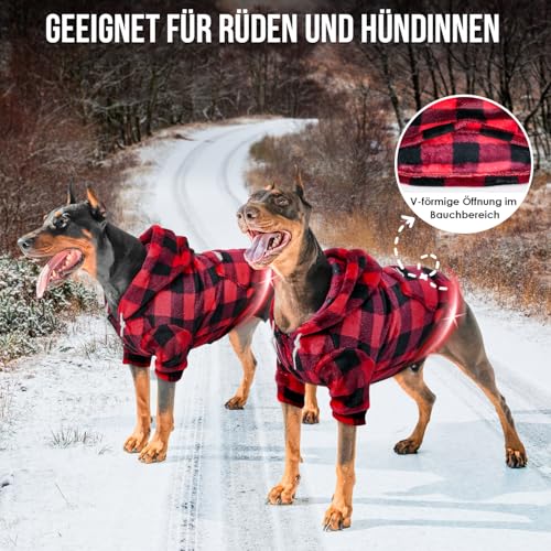 Eyein Hundehoodie für kleine mittlere und große Hunde, Warmer Flanell Hunde Kapuzenpulli mit Taschen und Leine Portal, Weiche Hundebekleidung für Frühling Herbst Winter (Rot-Schwarz Kariert, L)
