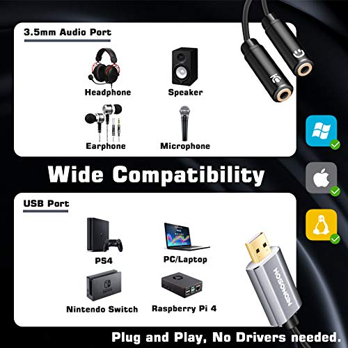 HOSONGIN USB to 3.5mm Jack Audio Headphone Adapter, USB External Sound Card Audio Adapter with 3.5mm TRS 3-Pole Headphone and Microphone Jack, 12 inch - Thumbnail 2