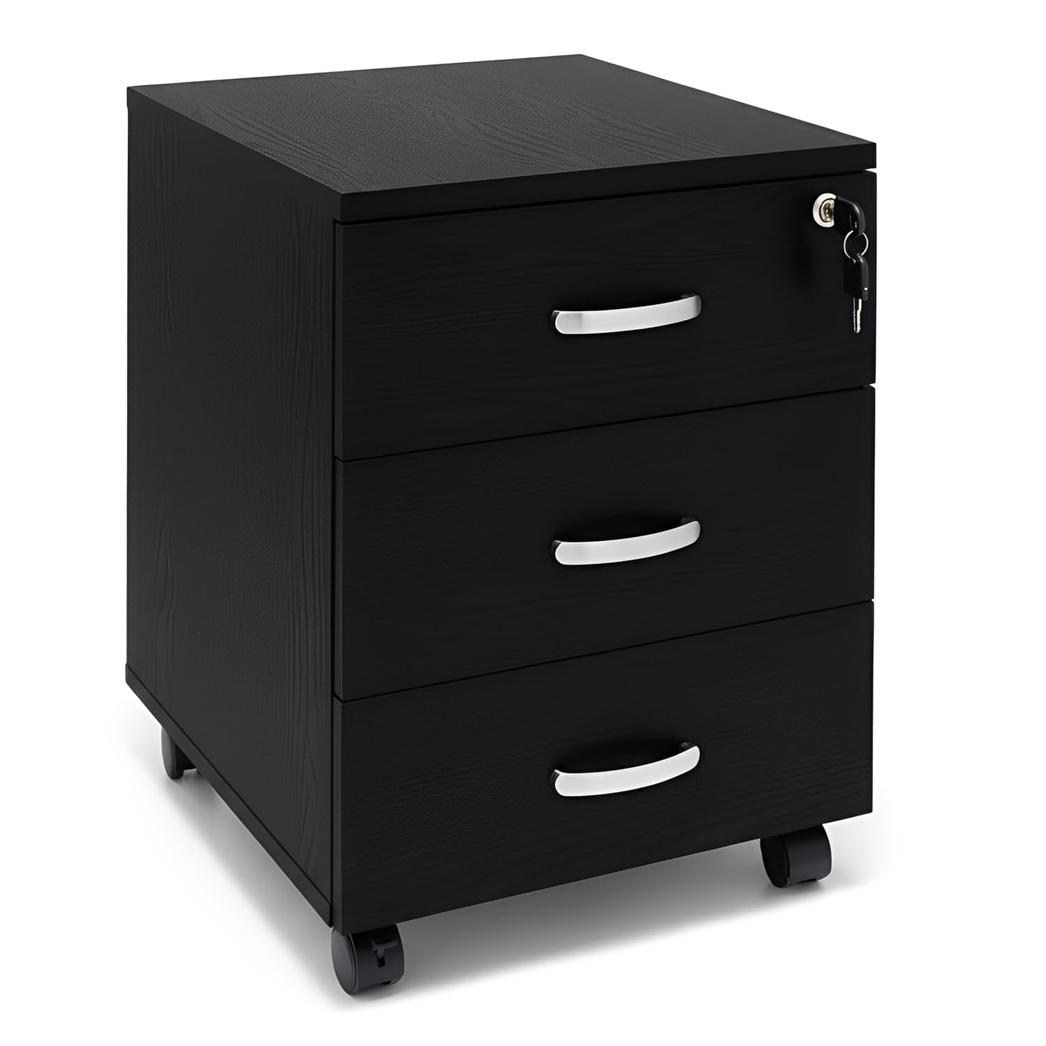 Marvin Cassettiera Ufficio In Legno Chiave Sicurezza Con Ruote Per Scrivania Tavolo 3 Cassetti Ripiani (Nero)