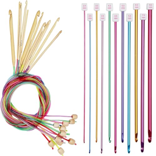 VIVIIHOO Traje de Gancho tunecinoVIVIIHOO,con Cuerda,Juego de 11 Piezas de Gancho de Aluminio tunecino para Principiantes,Gancho Largo tunecino,suéter de Gancho de Bufanda afgana de Colores,2.0-8.0mm