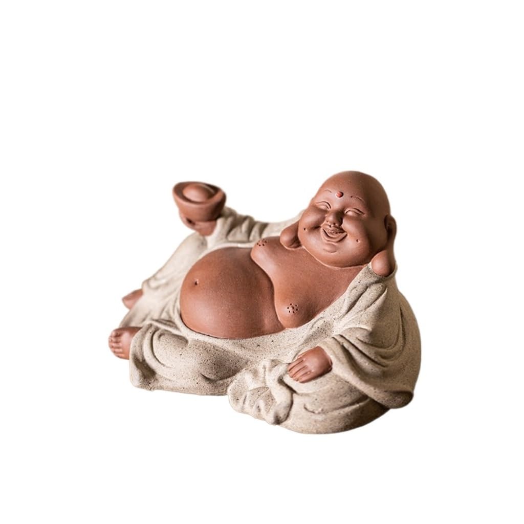 ENGENDER Kung Fu Tea Pet Chinese Lucky Maitreya Buddha Tea Pet Purple Clay Car Ornaments Office Desktop Decoration