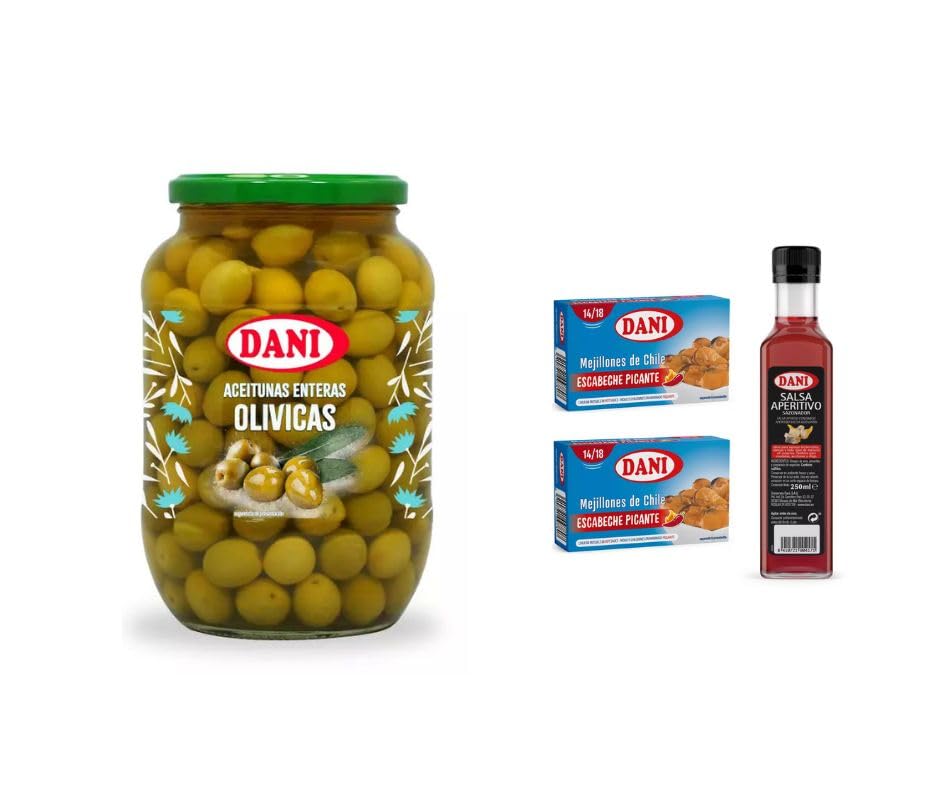 DANI Aceitunas Gourmet - Chupadedos, Aliño Casero, Olivicas y más - Sabor Tradicional 850ml + Regalos con 3 Und (6 Botes 850ml + 2 Latas Mejillones + Salsa 250ml., Aceitunas olivicas entera)