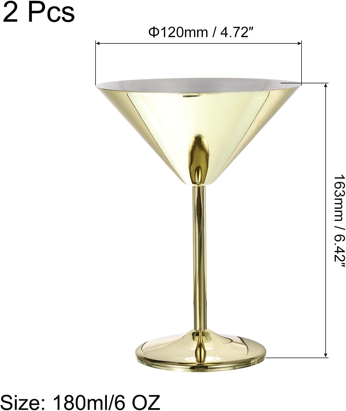 uxcell Stainless Steel Martini Cocktail Glasses, 2Pcs 180ml/6 OZ Unbreakable Martini Glasses, Red Wine Glass Metal Shatter Proof For Wedding, Parties, Gift，Gold