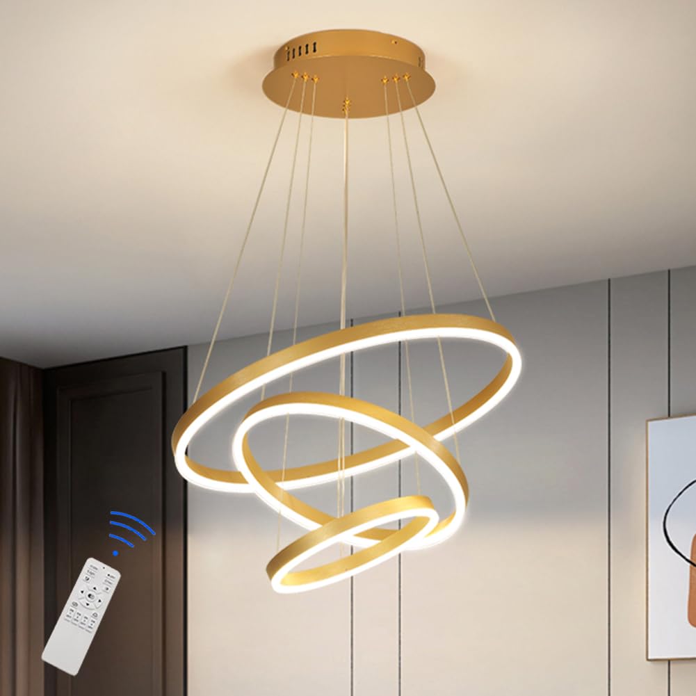 KXEcoLife Modern LED Pendant Light, Dimmable Round Three-Layer Chandelier, Adjustable Height Minimalist Ceiling Lamp for Kitchen Island & Dining Room, Elegant Brown Finish