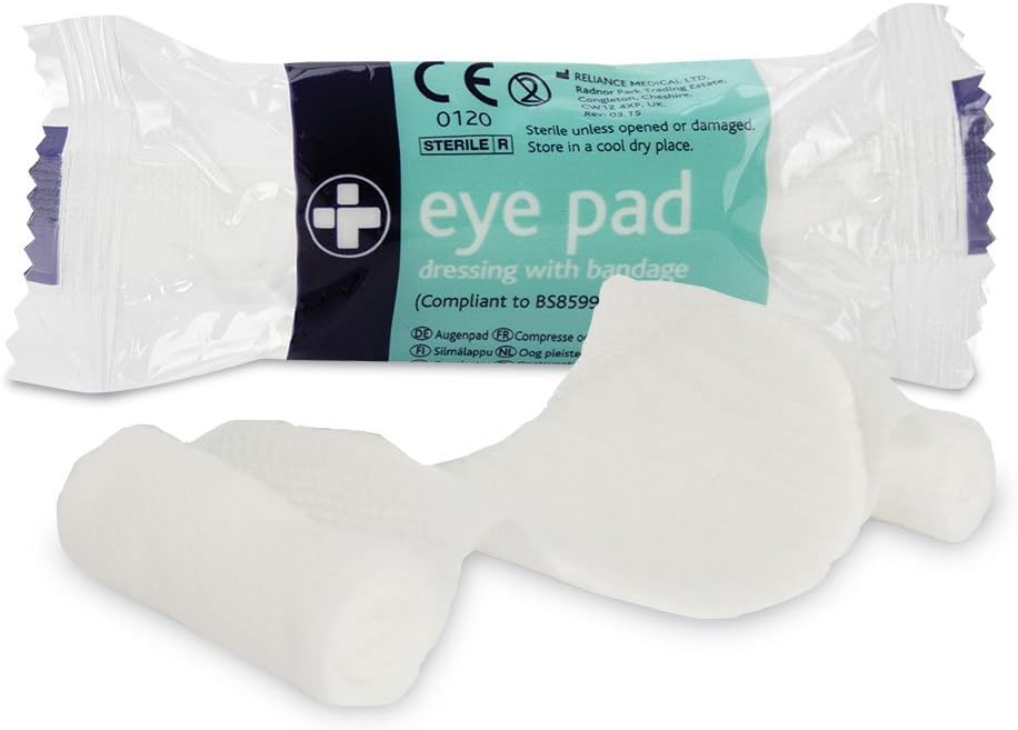 Reliance Medical First Aid Sterile White Eye Pad Dressing with Bandage, Low Adherent Eyepad Bandages for Wound Care, Pack of 10
