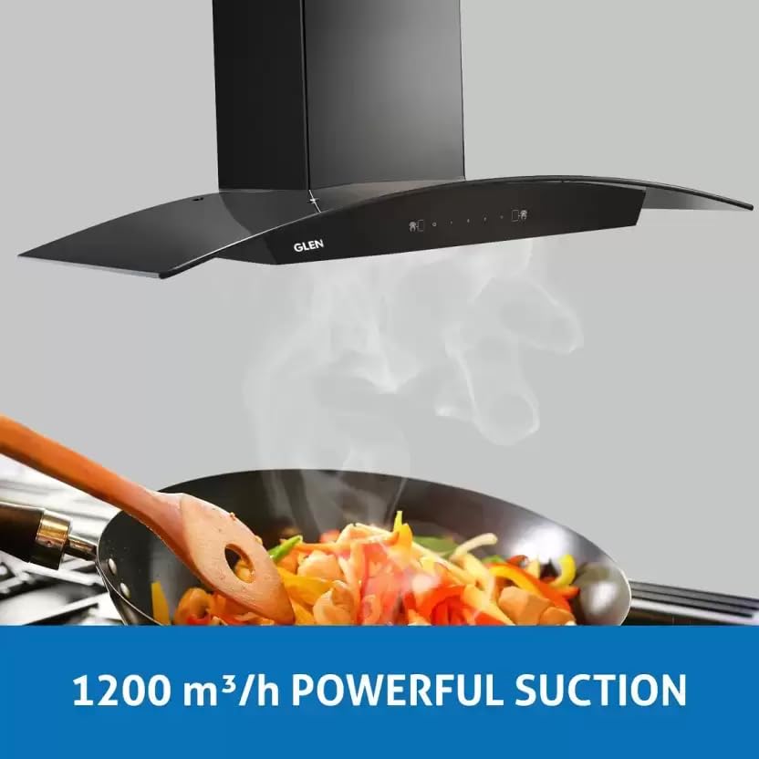 Image of Glen Chimney Curved Glass Filterless 90cm Motion Sensor Control With Digital Display | Auto Clean Wall Mounted Chimney (Black 1500 CMH)