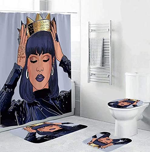 4PCS/Set Black Crown Women Shower Curtain Sets with Rugs African American Girl Bathroom Sets with Waterproof Shower Curtains and 12 Hooks for Bathroom Decor 72x72 Inch