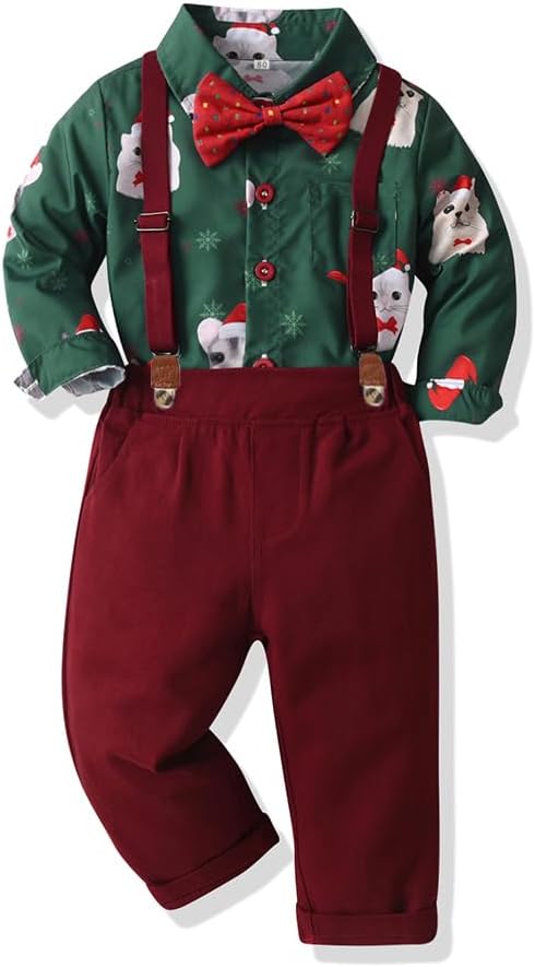 Baby Boys Christmas Outfit Toddlers Gentleman Suit Kids Xmas Clothes Shirt Suspender Pants Bow Tie for 9M-6Years