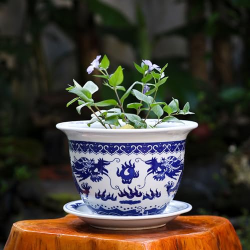 ブルー&ホワイト花柄磁器セラミック装飾植木鉢 6.7インチ/8.2インチ/9インチ/11インチ/13インチ/15.3インチ ガーデンポット 中国アジアンデザイン - ラウンド屋外/屋内セラミック植木鉢 ホワイト-21cmx14cm