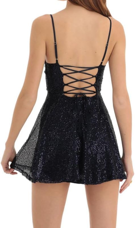ROAONOCOMO Mardi Gras Women Sparkly Sequin Mini Dress Shiny Spaghetti Strap Glitter Short Dress Cocktail Party Dresses - Image 5