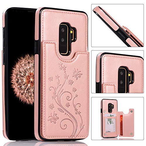 QFUN Back Wallet Case for Samsung Galaxy S9 Plus with Stand, Elegant Embossed Design [Butterfly Flower] Lightweight Slim Leather Phone Case with Card Holder Protective Bumper Flip Cover - Rose Gold