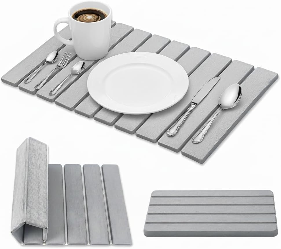 2 PCS Stone Dish Drying Mat for Kitchen Counter with Water Absorbing Sink Tray,24x16 Inch Foldable Diatomaceous Earth Dish Mat & 8x4 Inch Stone Coasters Tray,Super Absorbent Quick Dry