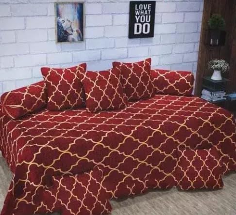JBTC® Home Soft Cotton Feel Diwan Set with 8 Pieces, 1 Single Bed Sheet with 5 Cushion Covers with Zipper and 2 Bolster Covers (diwan Cover Size 90x60 Inches) Red-image-15