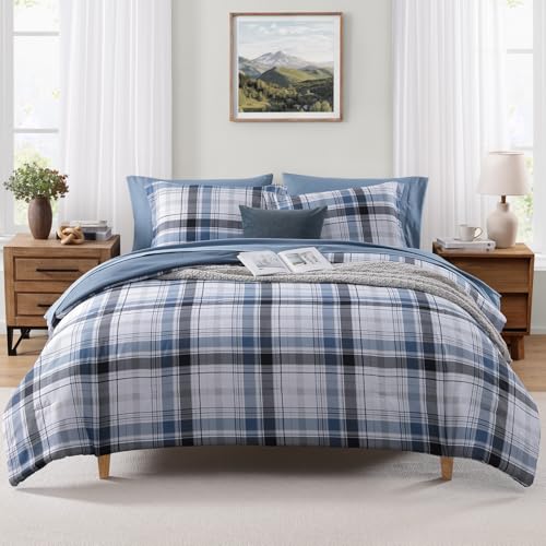 Image of MaiReve Queen Size Plaid Comforter Set Lake Blue, Classic 7 Pieces Farmhouse Bedding Set, All Season Lightweight Bed in A Bag with Sheets, Pillowcases & Shams