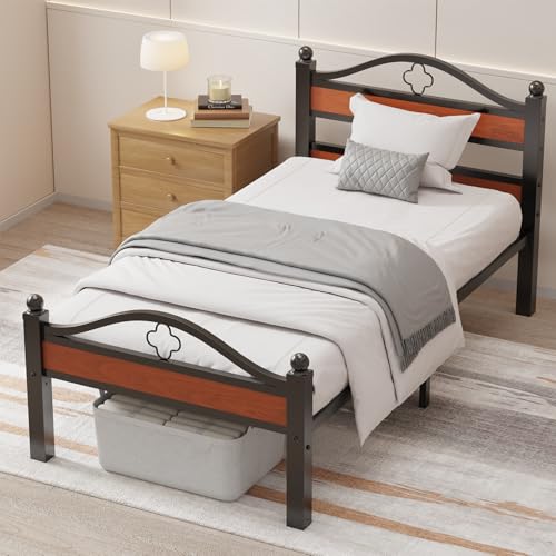 Blbeed Twin Bed Frame Modern Walnut Platform, Hybrid Wood & Steel...
