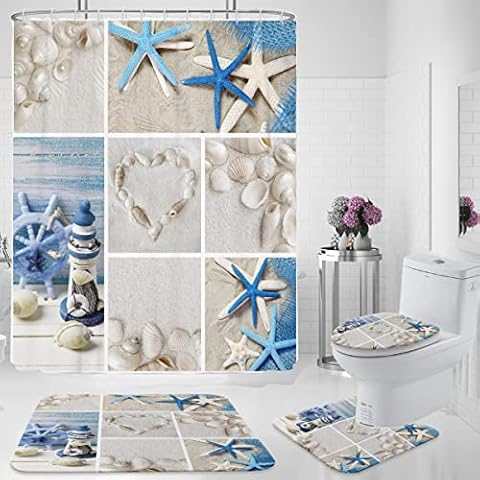Zokyer Starfish Shower Curtain Set Seashell Beach Coastal Conch Ocean Blue Bathroom Decor with Non-Slip Rugs Toilet Lid Cover U Shape Mat 12 Hooks Fabric Polyester (60Wx72L) Cover