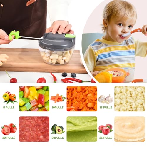 Manual Food Processor Vegetable Chopper, Portable Hand Pull String Garlic Mincer Onion Cutter for Veggies, Ginger, Fruits, Nuts, Herbs, etc., 500ml,(Gray-green) - Image 4