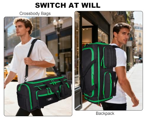 Image of LHI 50L Tactical Duffle Bag for Men, 3-in-1 Gym Duffle and Backpack, Shoe Compartment, Laptop Sleeve and MOLLE, Carry-On Travel Weekender and Overnight Bag - Black with green zippers